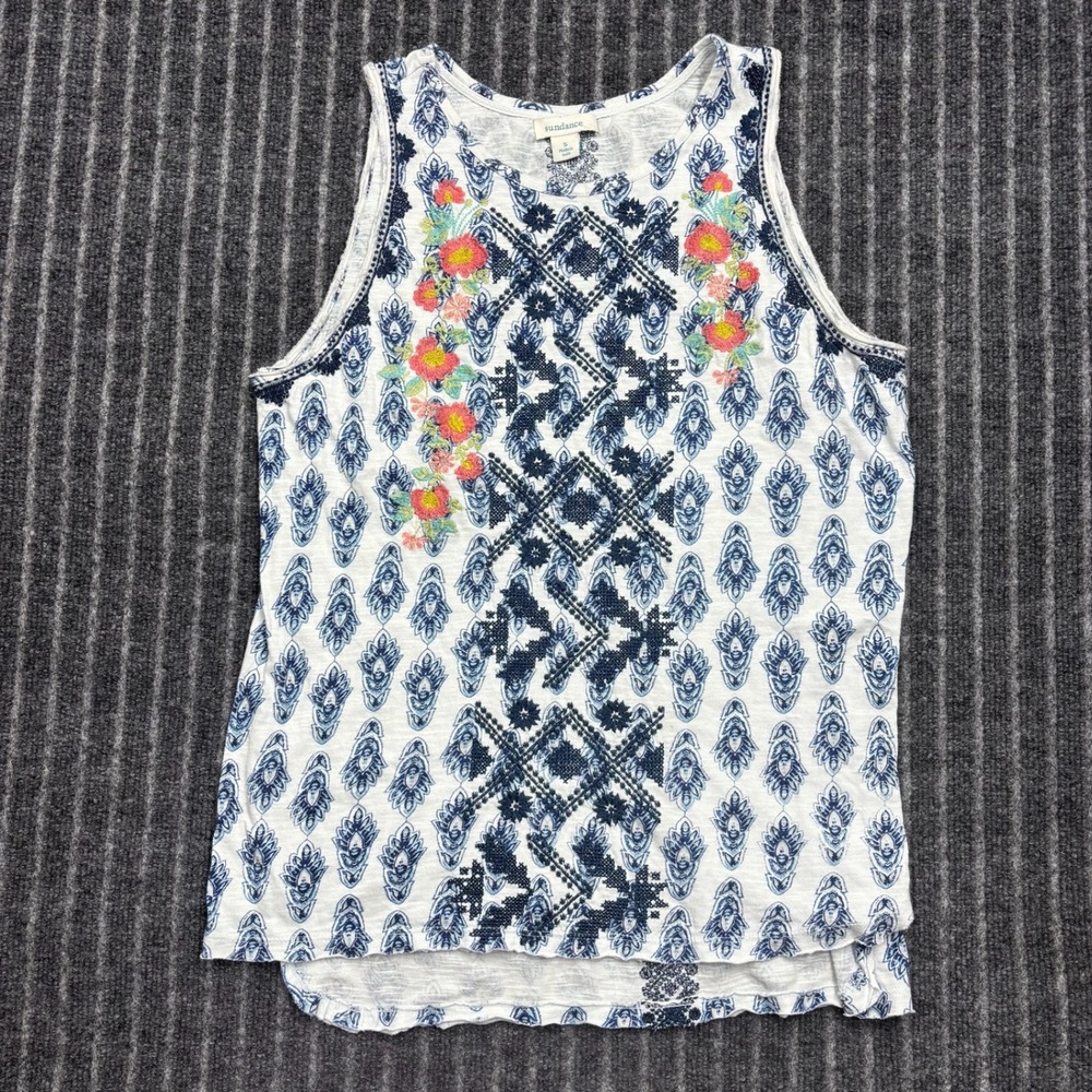 Sundance Tank Top S‎ White Navy Blue Excellent Boho Embroidered Floral (2185)